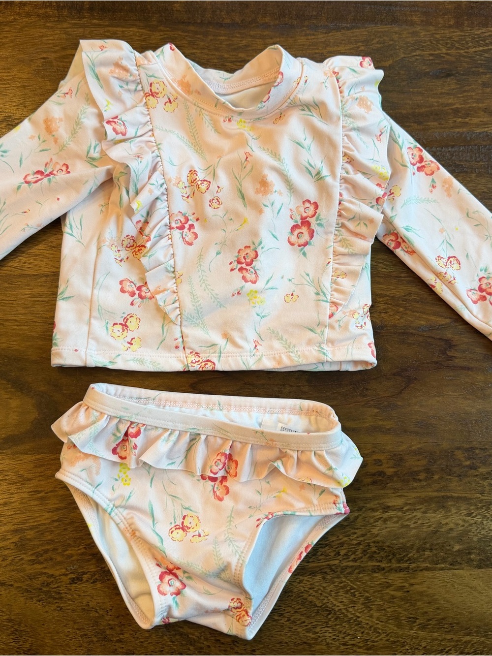 Ruffle Long-Sleeve Rash Guard Set - Pink Floral - Kids Swim